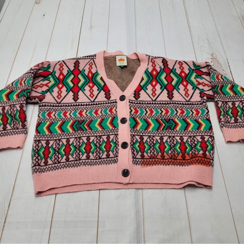 FARM Rio Multicolor Geometric Aztec Amulet Pink Cardigan Size Medium